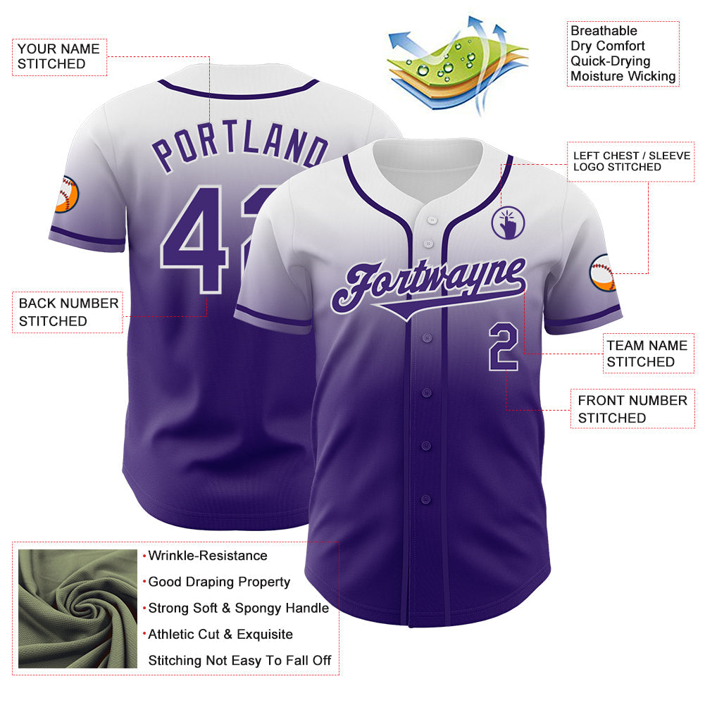 Custom White Purple Authentic Fade Fashion Baseball Jersey - Sky-Custom