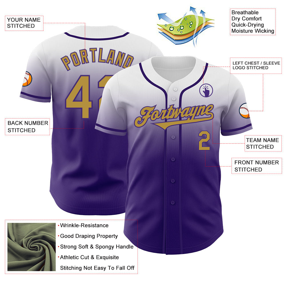 Custom White Old Gold-Purple Authentic Fade Fashion Baseball Jersey - Sky-Custom