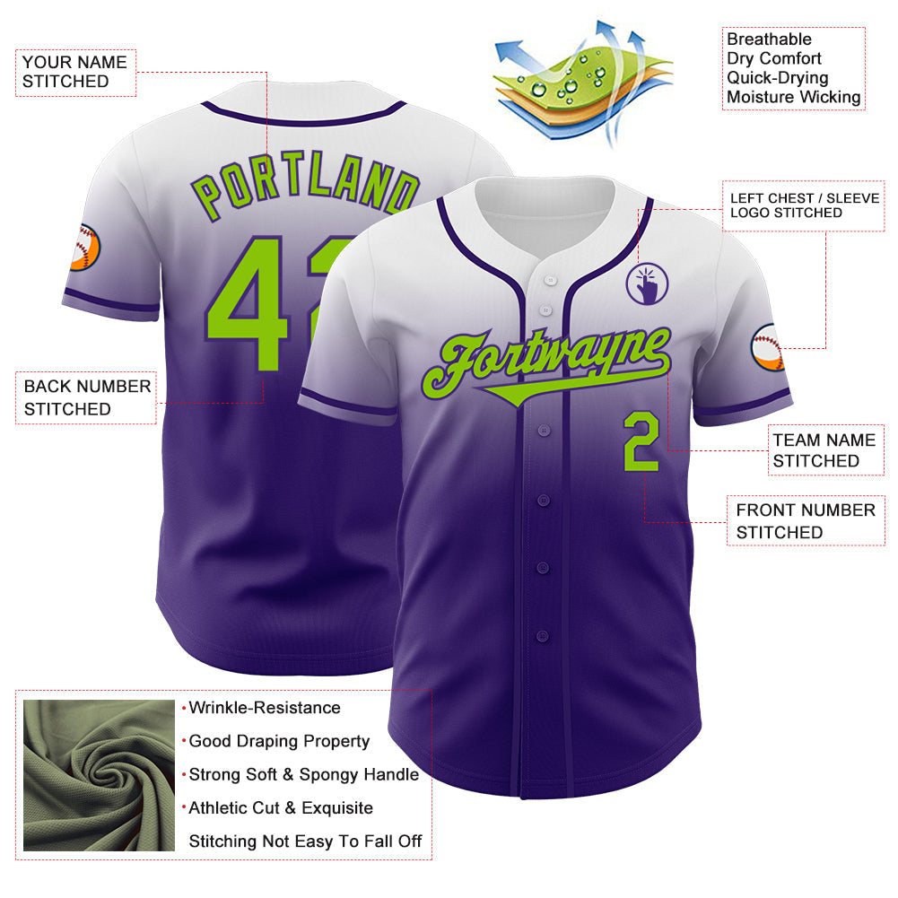 Custom White Neon Green-Purple Authentic Fade Fashion Baseball Jersey - Sky-Custom