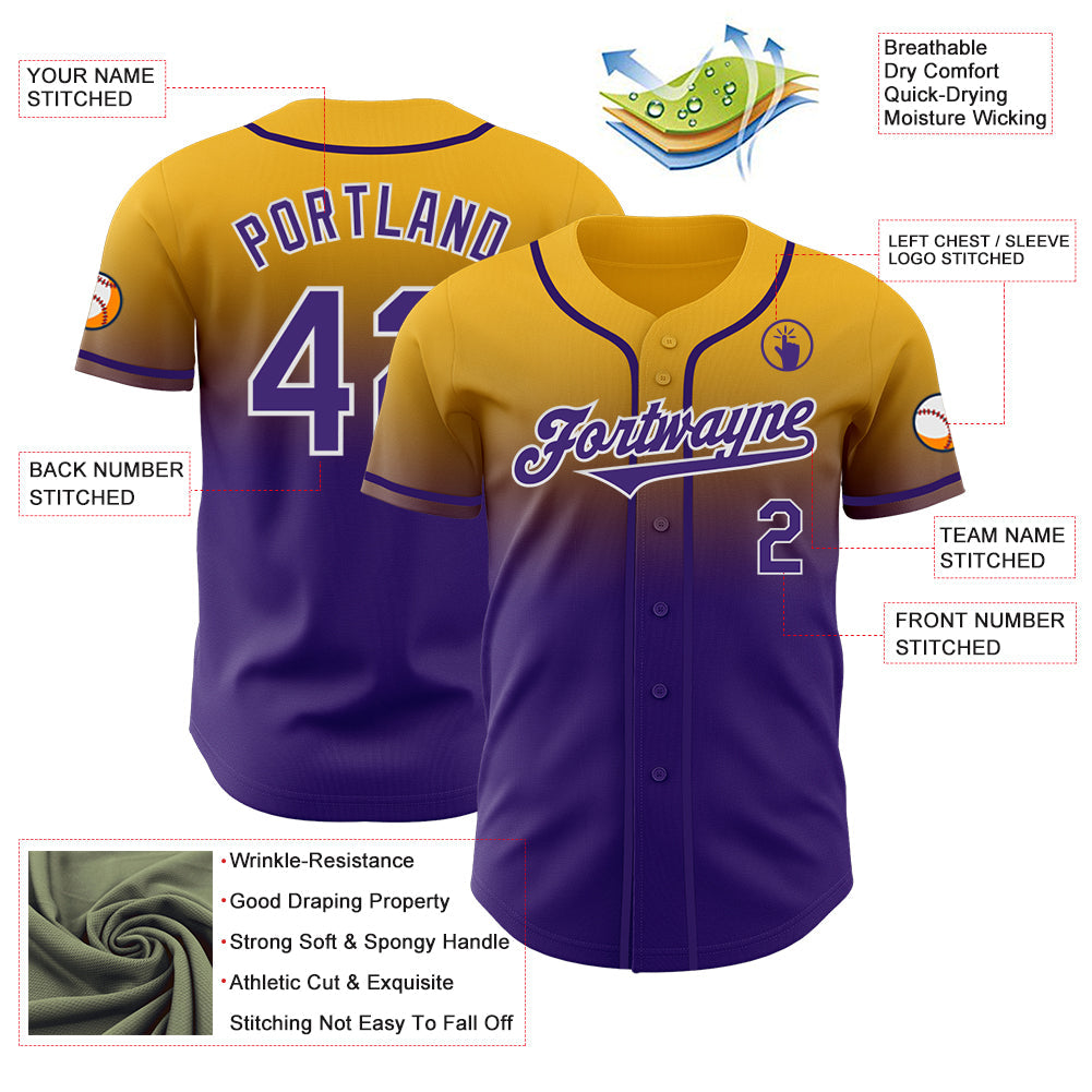 Custom Gold Purple-White Authentic Fade Fashion Baseball Jersey - Sky-Custom