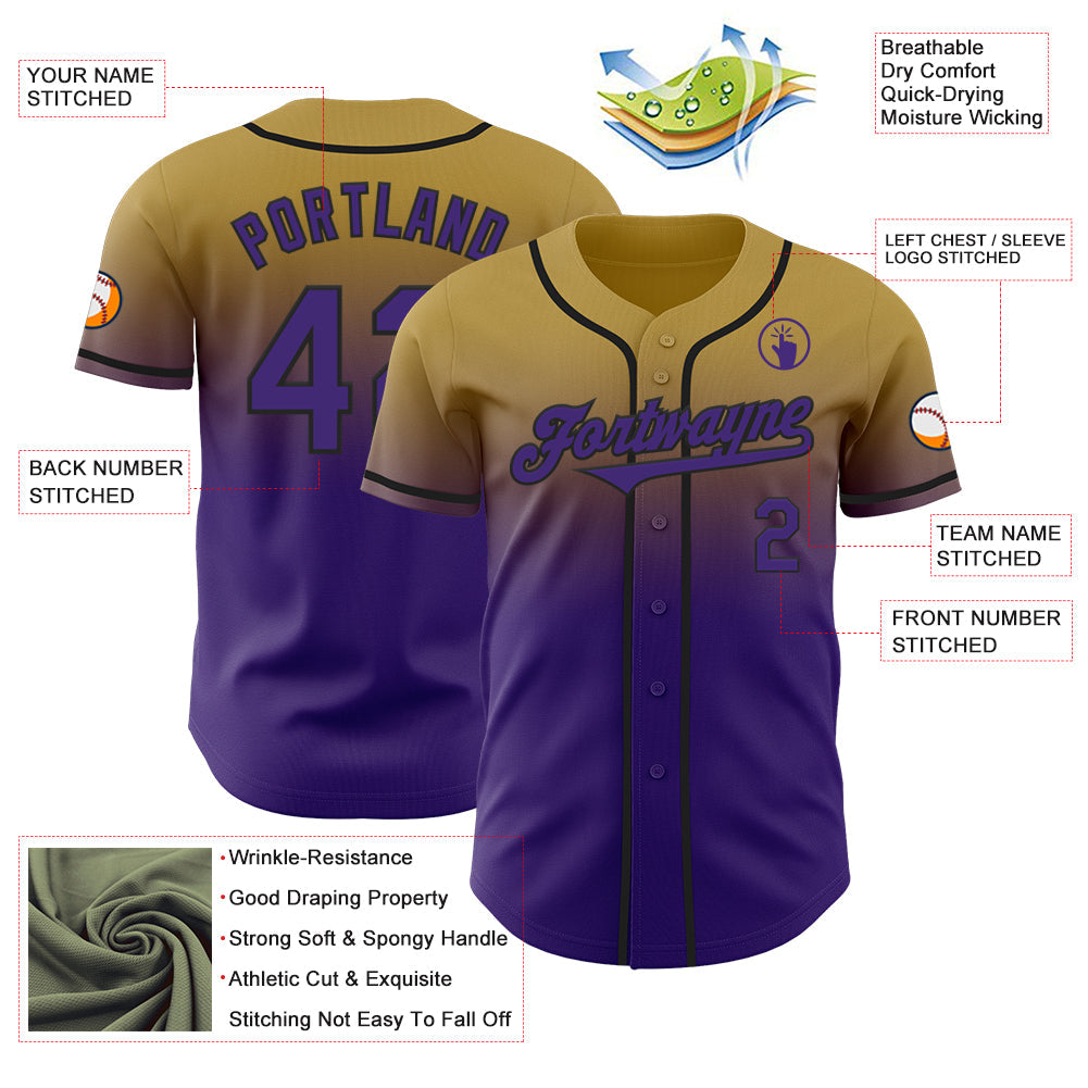 Custom Old Gold Purple-Black Authentic Fade Fashion Baseball Jersey - Sky-Custom