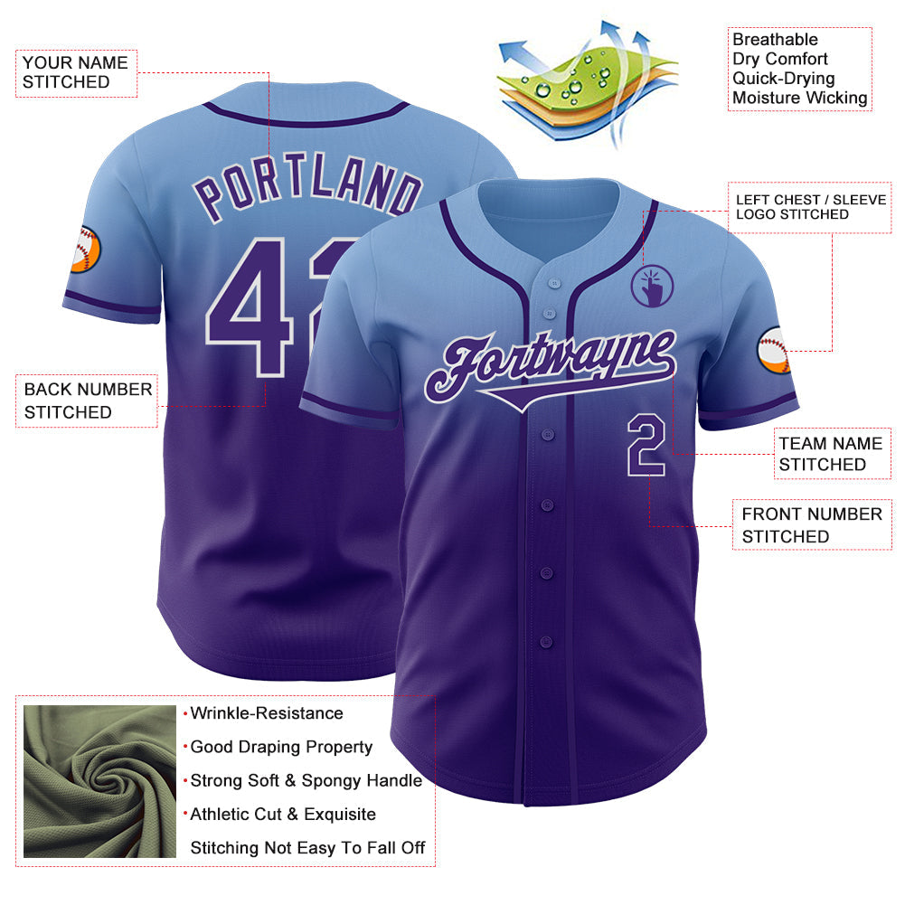 Custom Light Blue Purple-White Authentic Fade Fashion Baseball Jersey - Sky-Custom