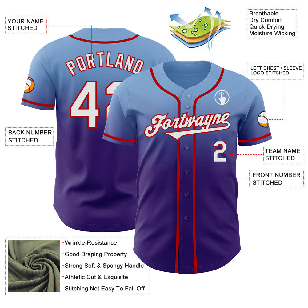 Custom Light Blue White Purple-Red Authentic Fade Fashion Baseball Jersey - Sky-Custom