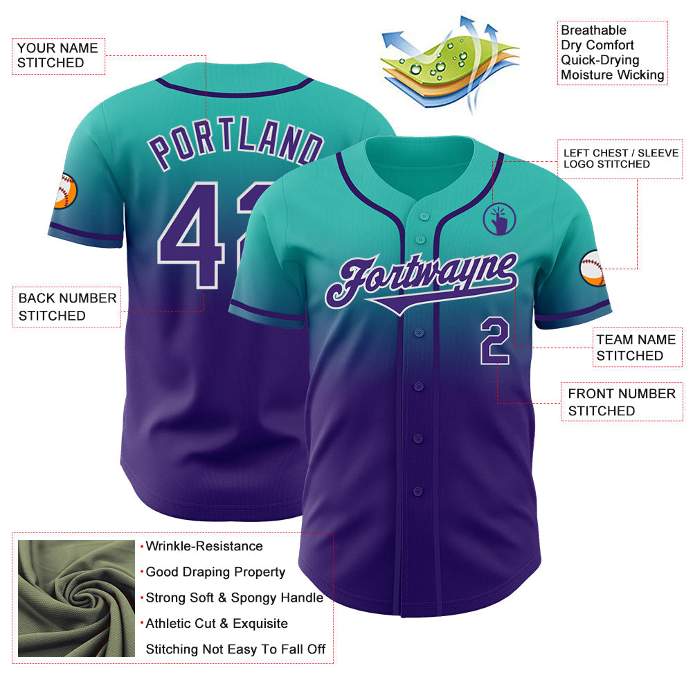 Custom Aqua Purple-White Authentic Fade Fashion Baseball Jersey - Sky-Custom