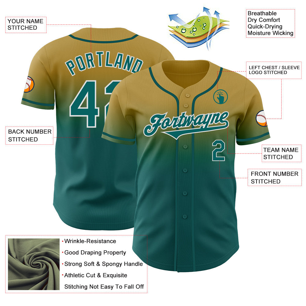 Custom Old Gold Teal-White Authentic Fade Fashion Baseball Jersey - Sky-Custom
