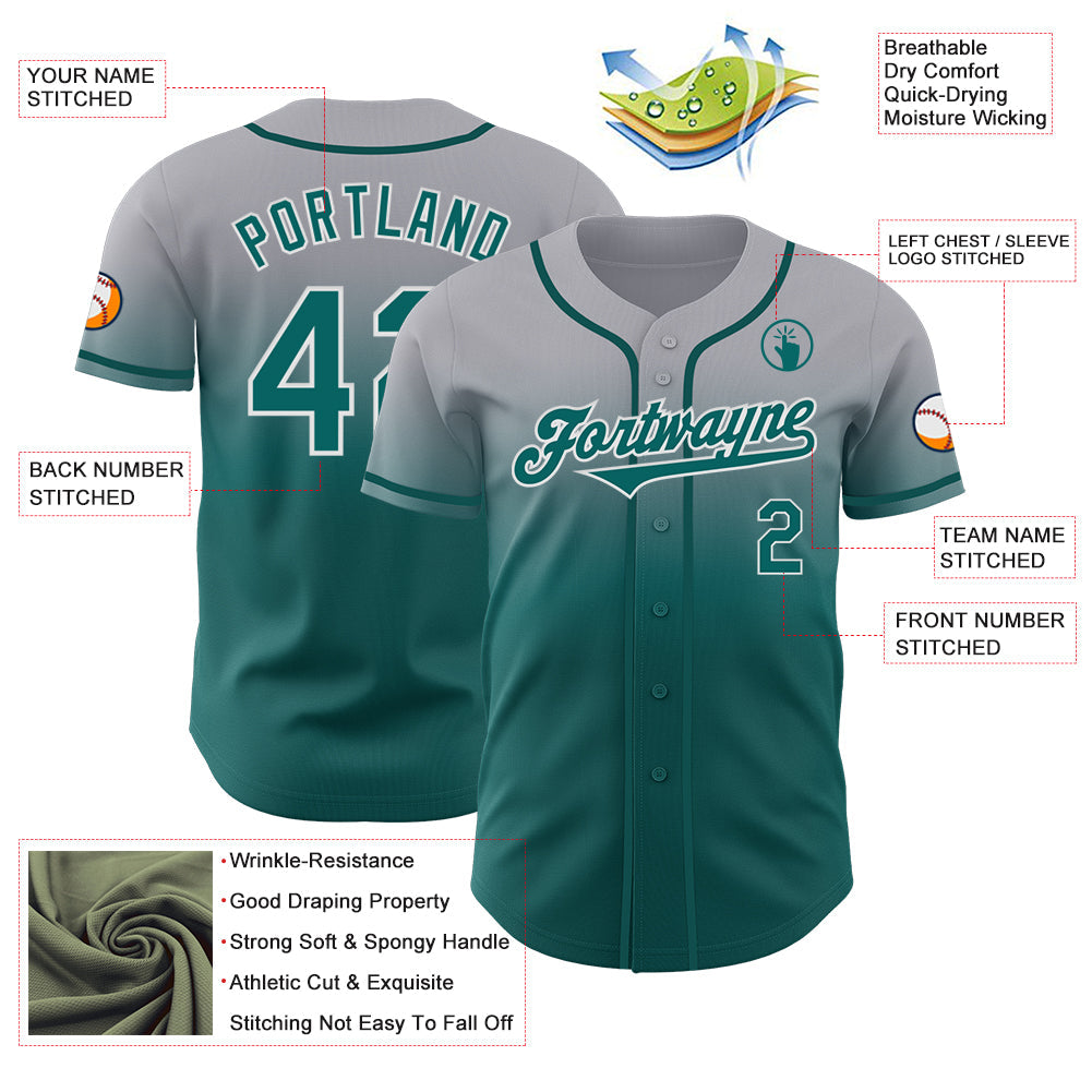 Custom Gray Teal-White Authentic Fade Fashion Baseball Jersey - Sky-Custom
