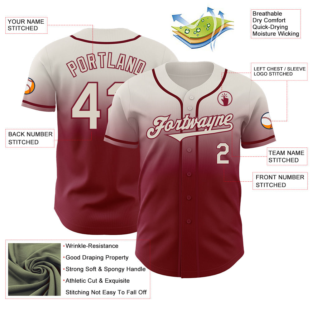 Custom Cream Crimson Authentic Fade Fashion Baseball Jersey - Sky-Custom