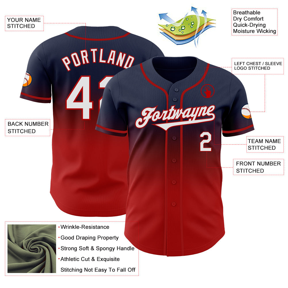 Custom Navy White-Red Authentic Fade Fashion Baseball Jersey - Sky-Custom