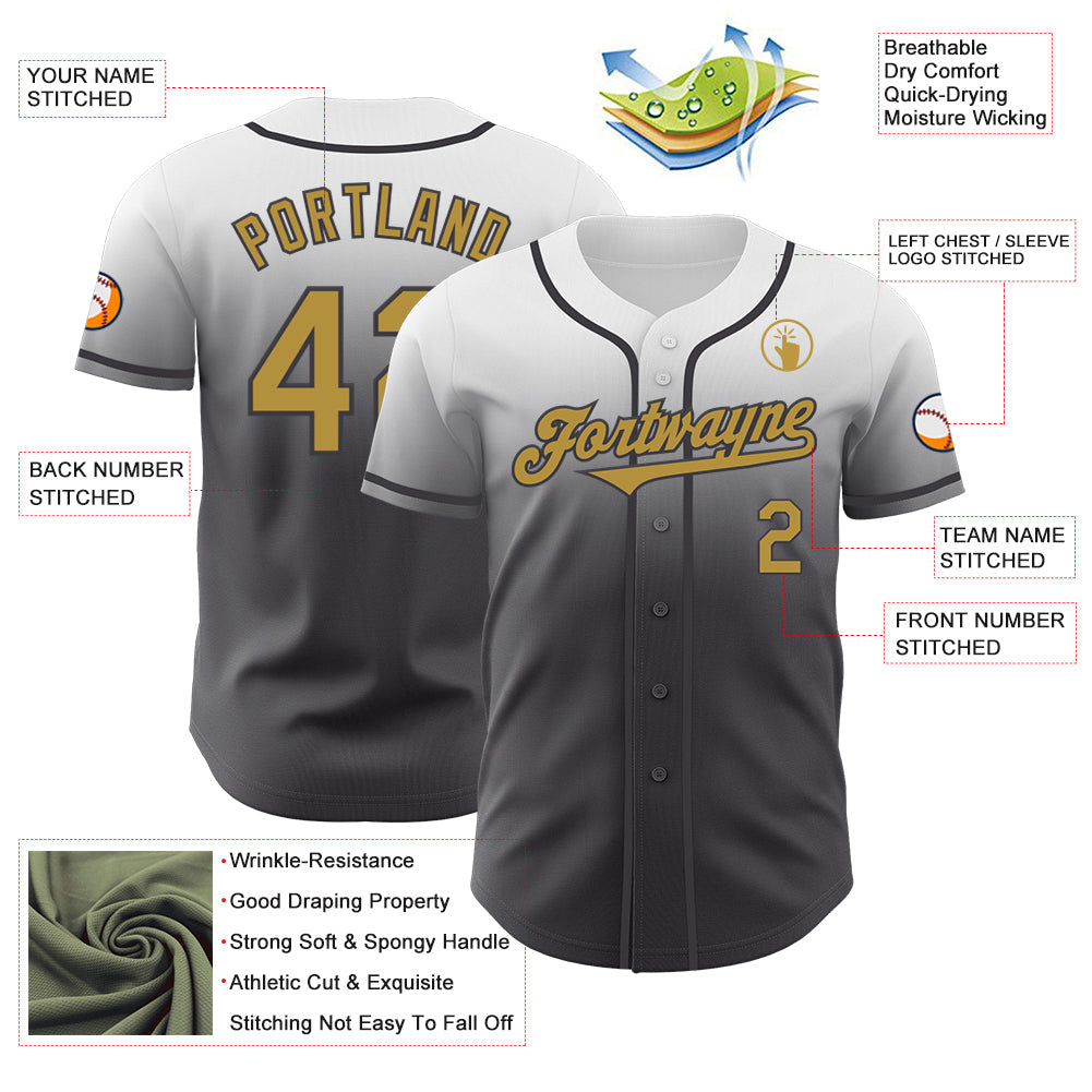 Custom White Old Gold-Steel Gray Authentic Fade Fashion Baseball Jersey - Sky-Custom