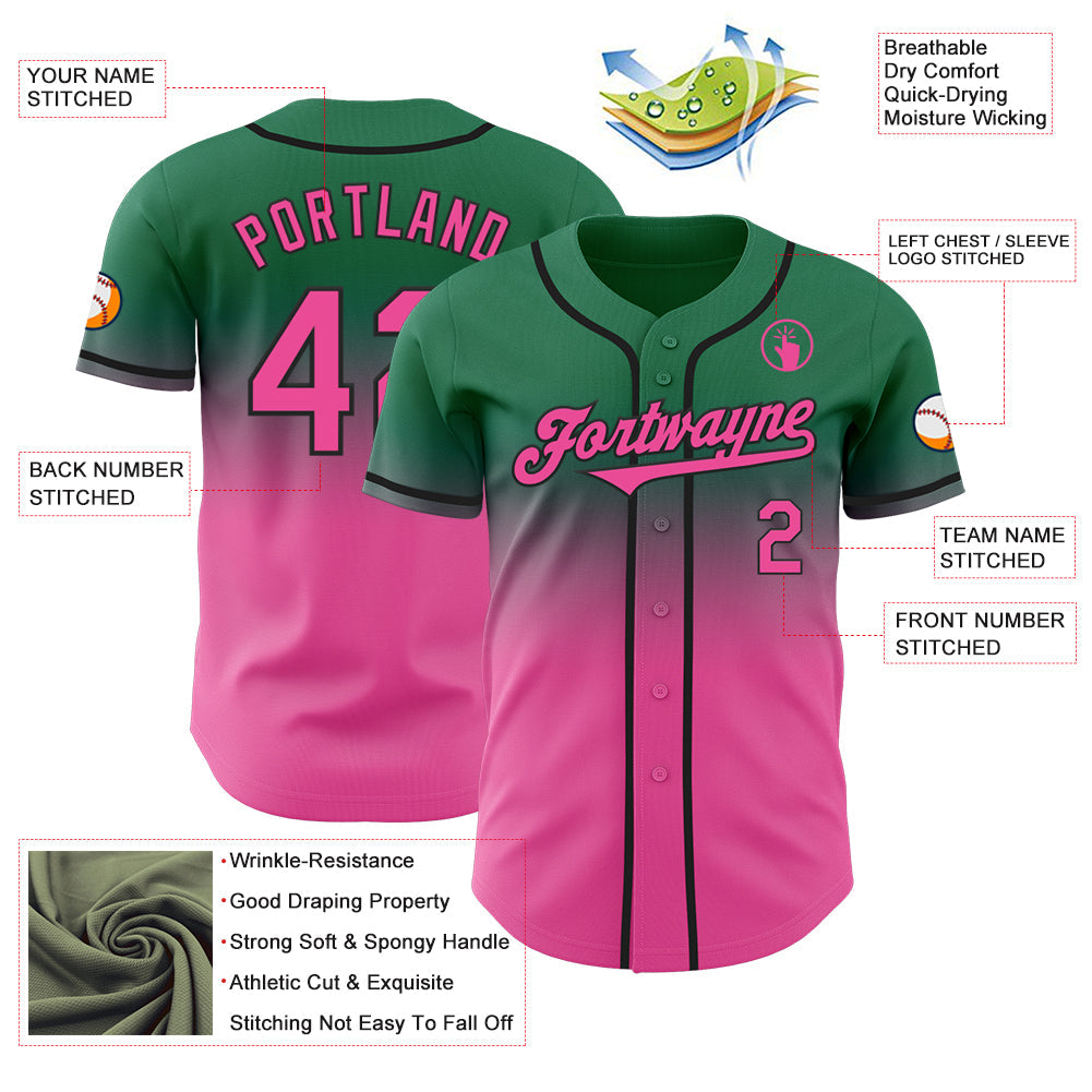Custom Kelly Green Pink-Black Authentic Fade Fashion Baseball Jersey - Sky-Custom