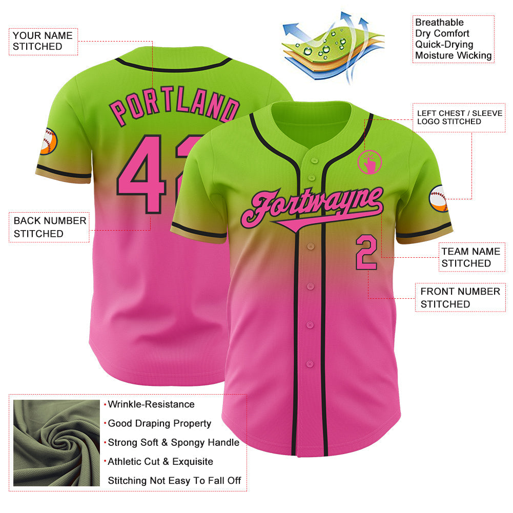 Custom Neon Green Pink-Black Authentic Fade Fashion Baseball Jersey - Sky-Custom