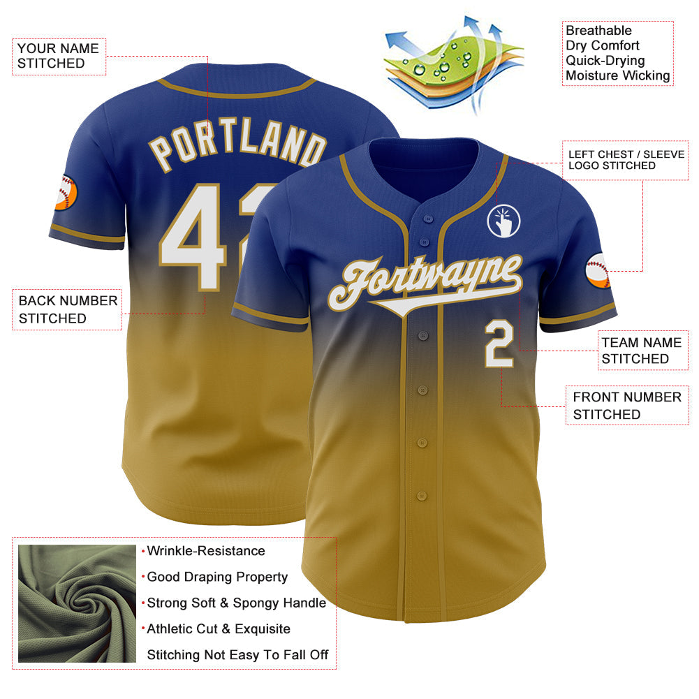 Custom Royal White-Old Gold Authentic Fade Fashion Baseball Jersey - Sky-Custom