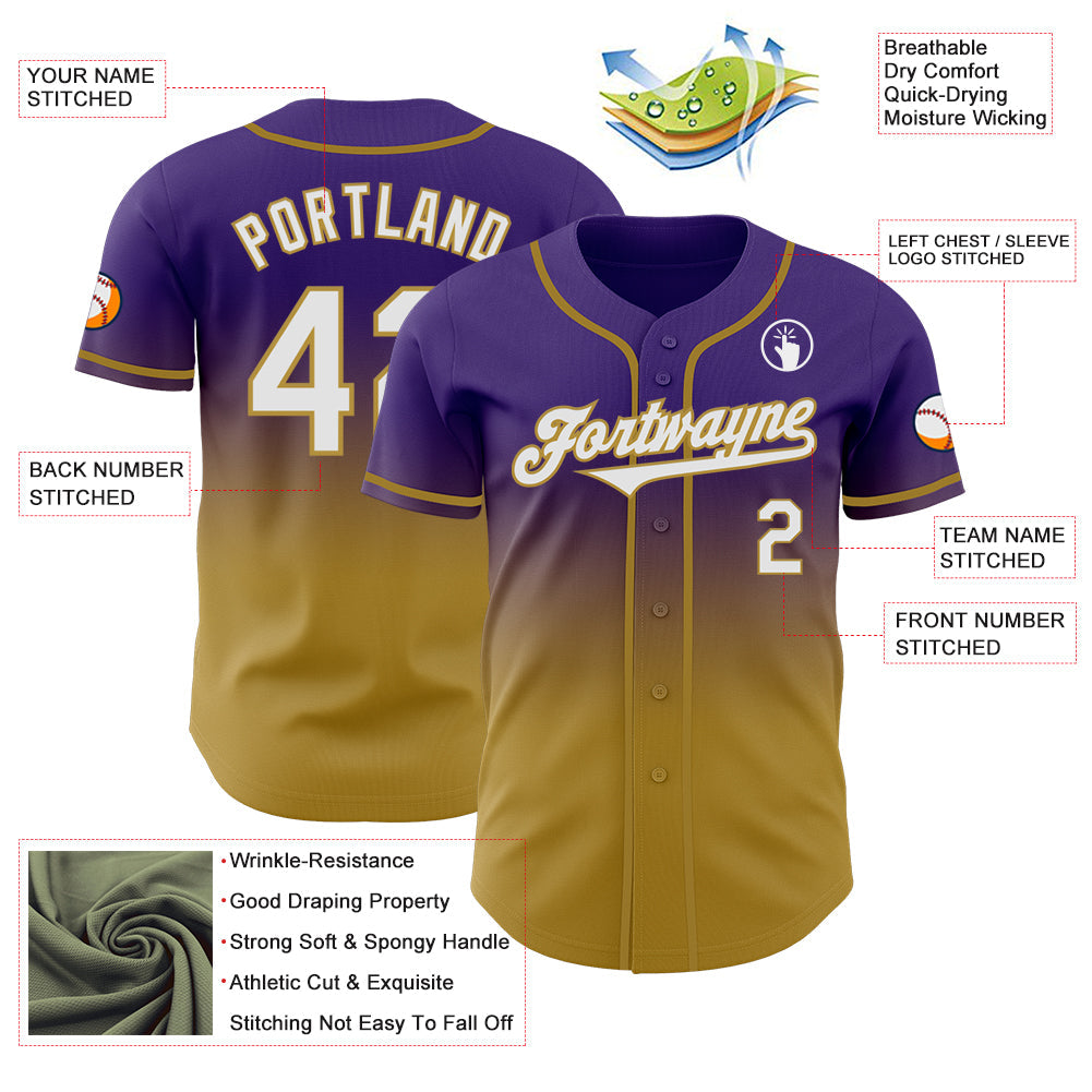 Custom Purple White-Old Gold Authentic Fade Fashion Baseball Jersey - Sky-Custom