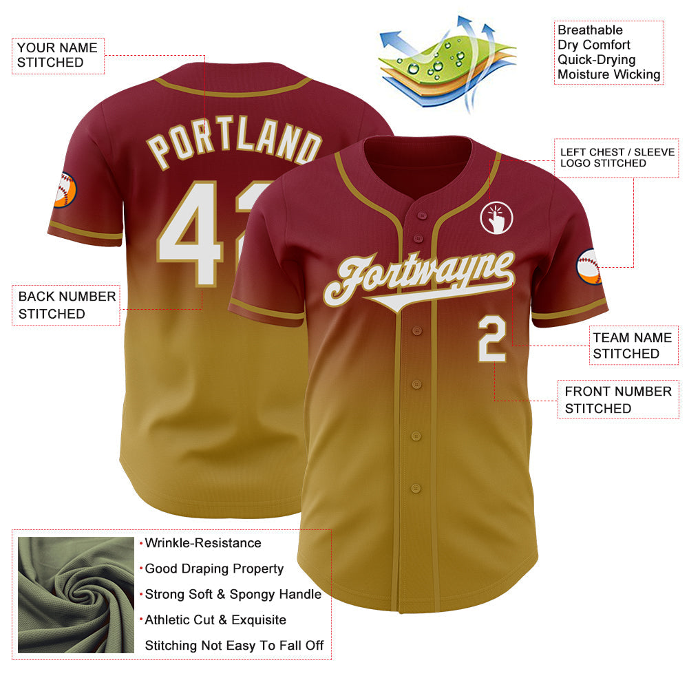 Custom Crimson White-Old Gold Authentic Fade Fashion Baseball Jersey - Sky-Custom
