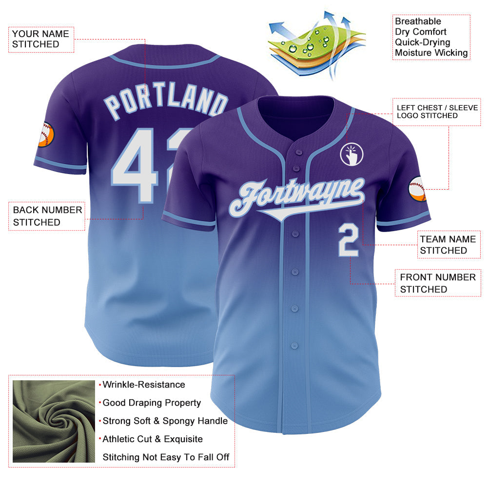Custom Purple White-Light Blue Authentic Fade Fashion Baseball Jersey - Sky-Custom