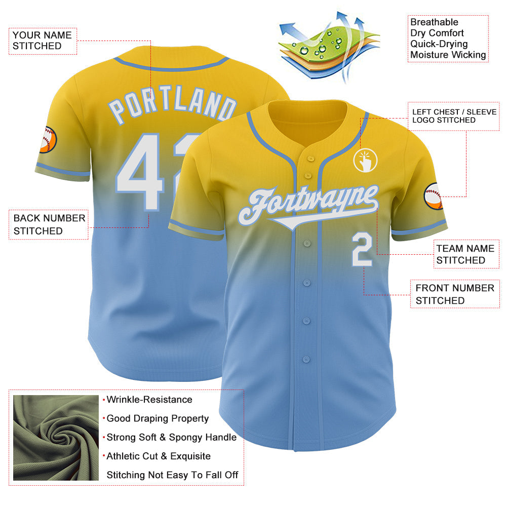 Custom Yellow White-Light Blue Authentic Fade Fashion Baseball Jersey - Sky-Custom