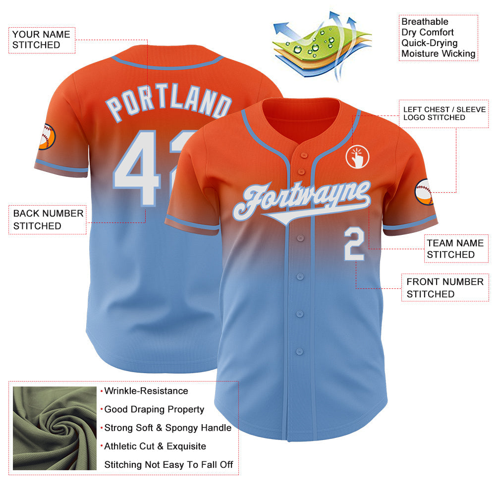 Custom Orange White-Light Blue Authentic Fade Fashion Baseball Jersey - Sky-Custom