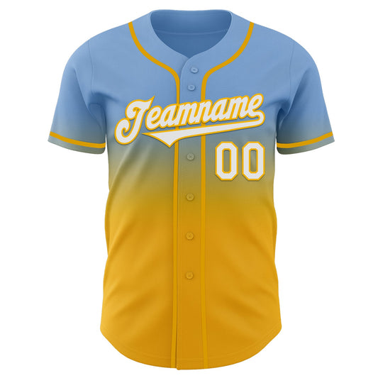 Custom Light Blue White-Gold Authentic Fade Fashion Baseball Jersey - Sky-Custom