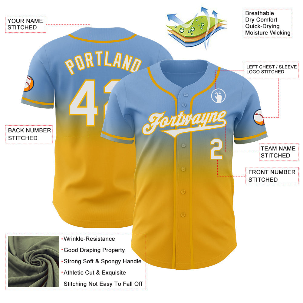 Custom Light Blue White-Gold Authentic Fade Fashion Baseball Jersey - Sky-Custom
