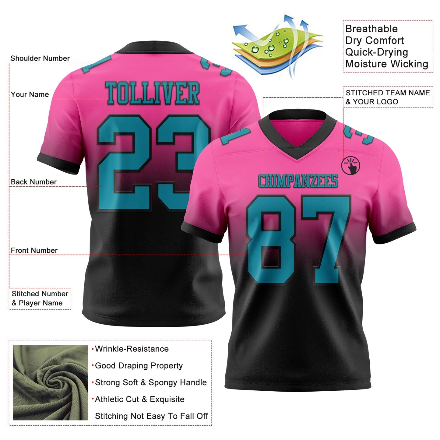 Custom Pink Teal-Black Mesh Authentic Fade Fashion Football Jersey - Sky-Custom