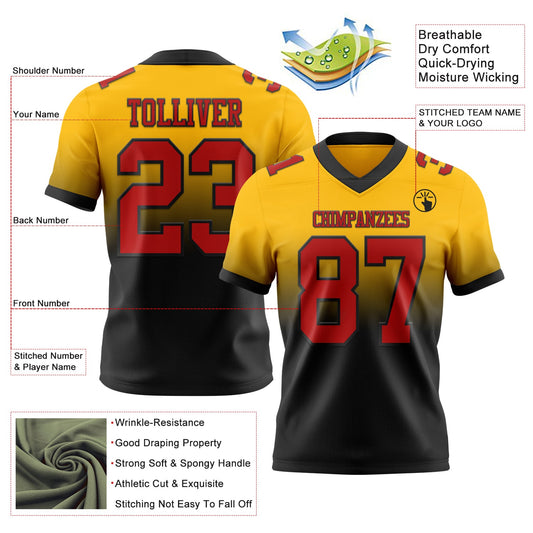 Custom Gold Red-Black Mesh Authentic Fade Fashion Football Jersey - Sky-Custom