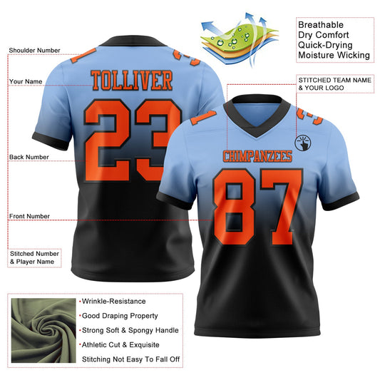 Custom Light Blue Orange-Black Mesh Authentic Fade Fashion Football Jersey - Sky-Custom