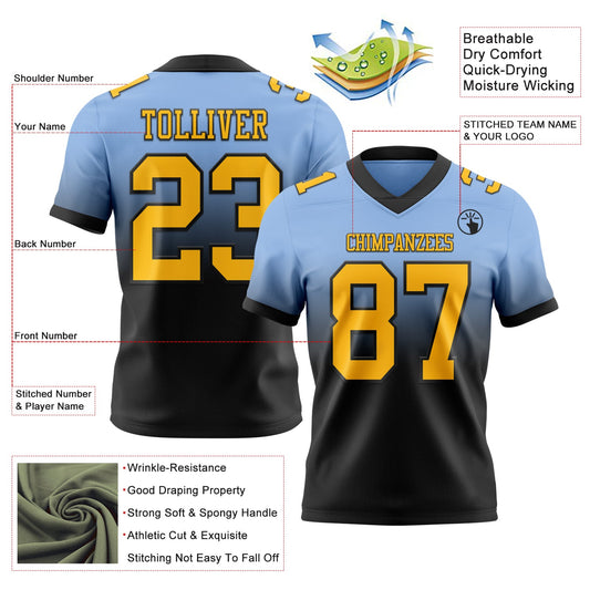 Custom Light Blue Gold-Black Mesh Authentic Fade Fashion Football Jersey - Sky-Custom