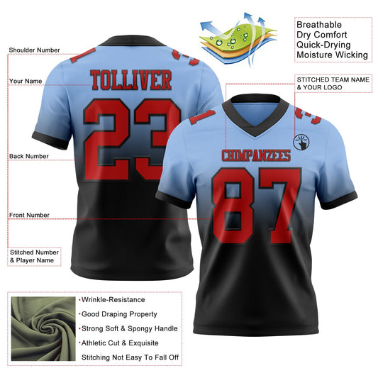 Custom Light Blue Red-Black Mesh Authentic Fade Fashion Football Jersey - Sky-Custom