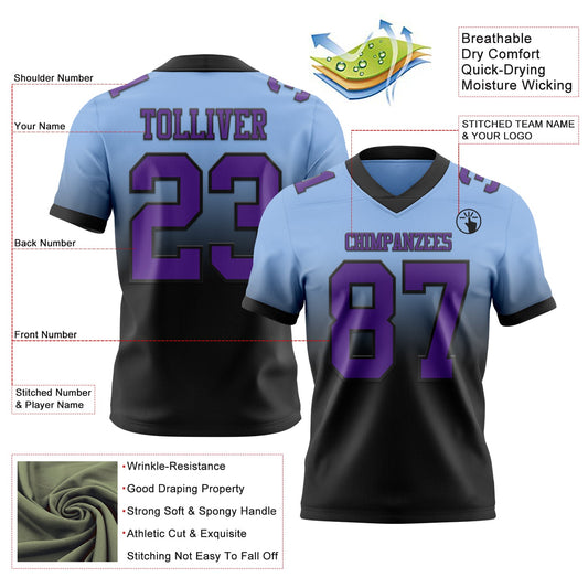 Custom Light Blue Purple-Black Mesh Authentic Fade Fashion Football Jersey - Sky-Custom