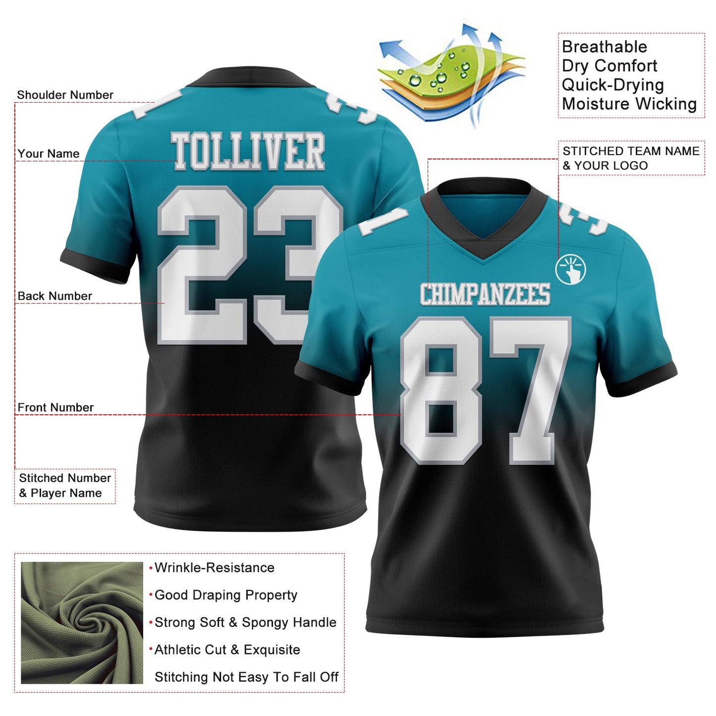 Custom Teal White Black-Gray Mesh Authentic Fade Fashion Football Jersey - Sky-Custom