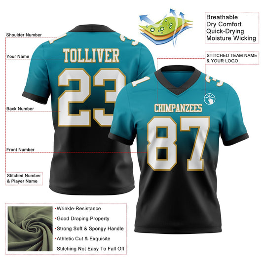 Custom Teal White Black-Old Gold Mesh Authentic Fade Fashion Football Jersey - Sky-Custom