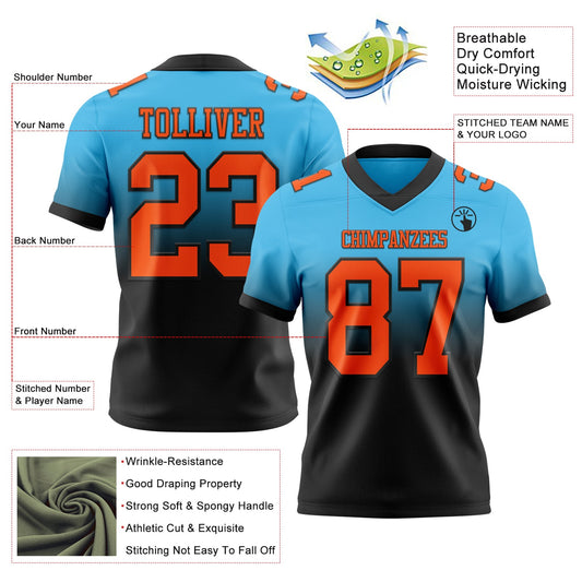 Custom Sky Blue Orange-Black Mesh Authentic Fade Fashion Football Jersey - Sky-Custom