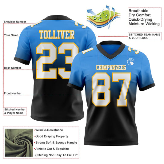 Custom Powder Blue White Black-Gold Mesh Authentic Fade Fashion Football Jersey - Sky-Custom