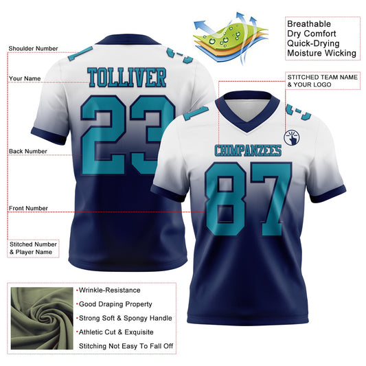 Custom White Teal-Navy Mesh Authentic Fade Fashion Football Jersey - Sky-Custom