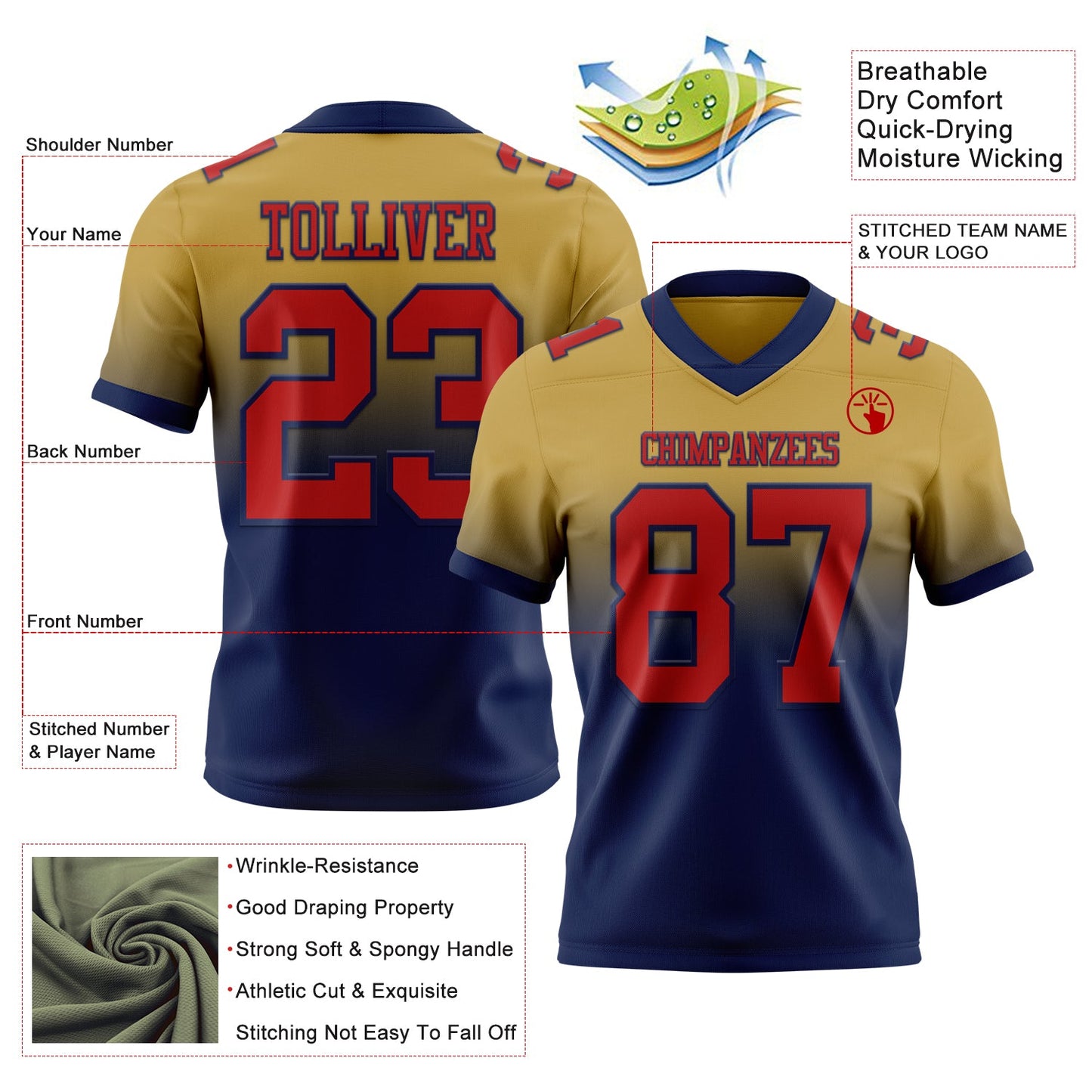 Custom Old Gold Red-Navy Mesh Authentic Fade Fashion Football Jersey - Sky-Custom
