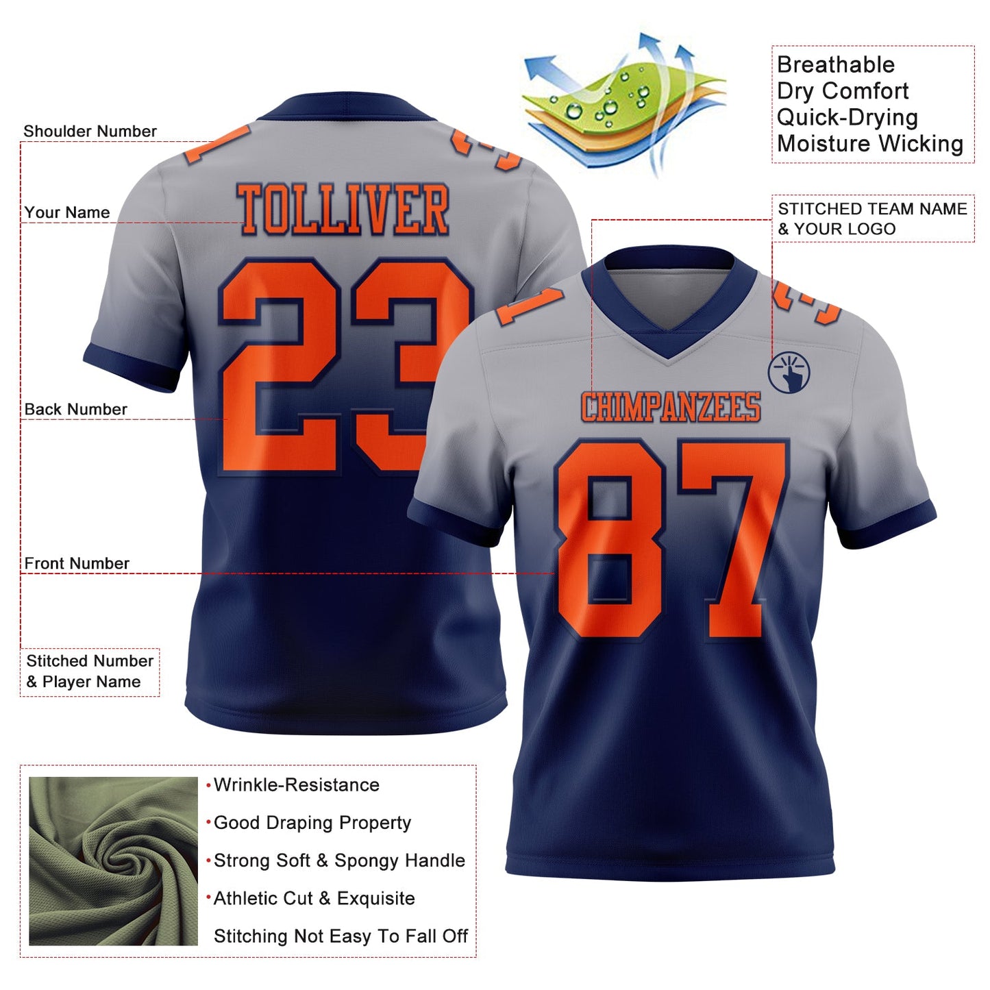 Custom Gray Orange-Navy Mesh Authentic Fade Fashion Football Jersey - Sky-Custom