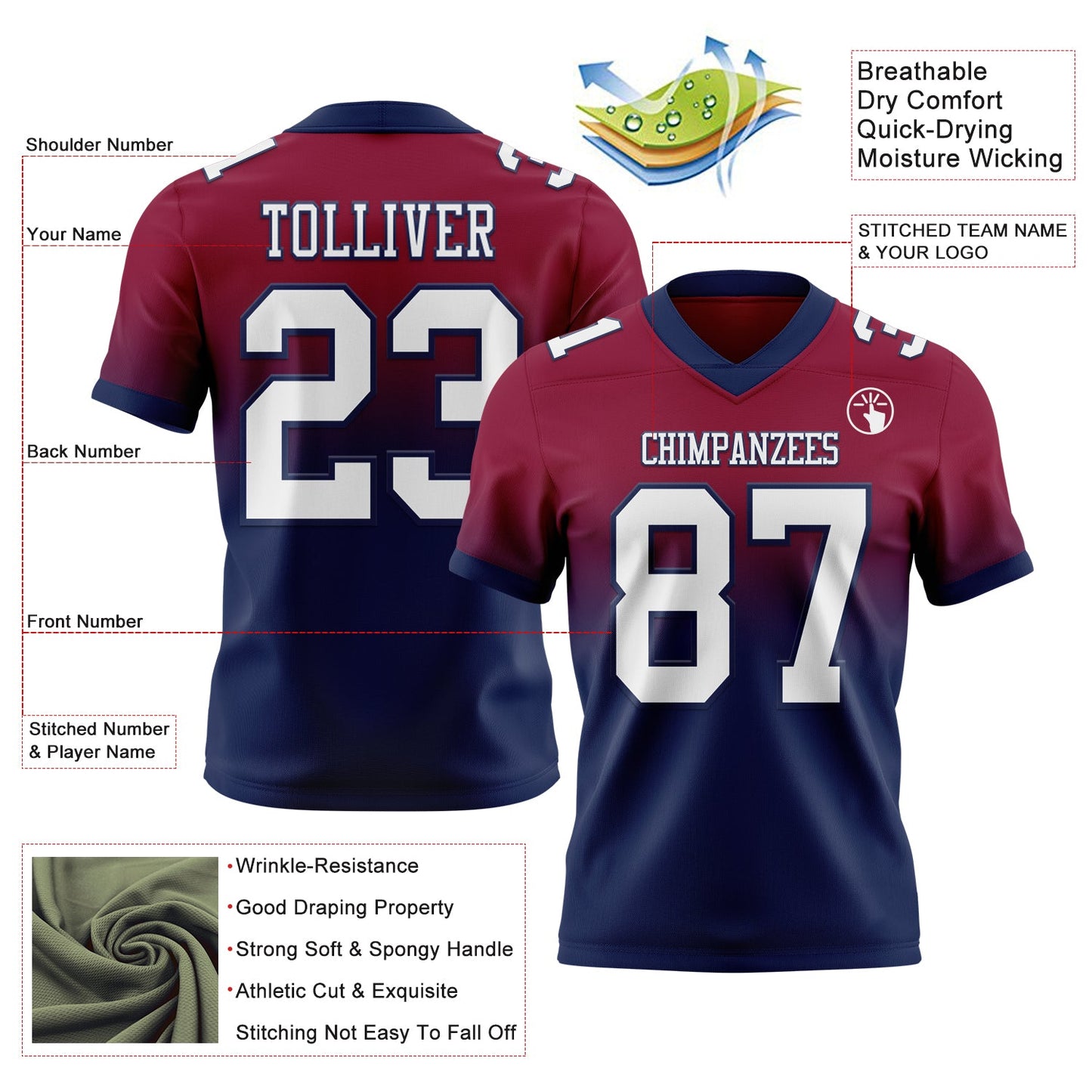 Custom Maroon White-Navy Mesh Authentic Fade Fashion Football Jersey - Sky-Custom
