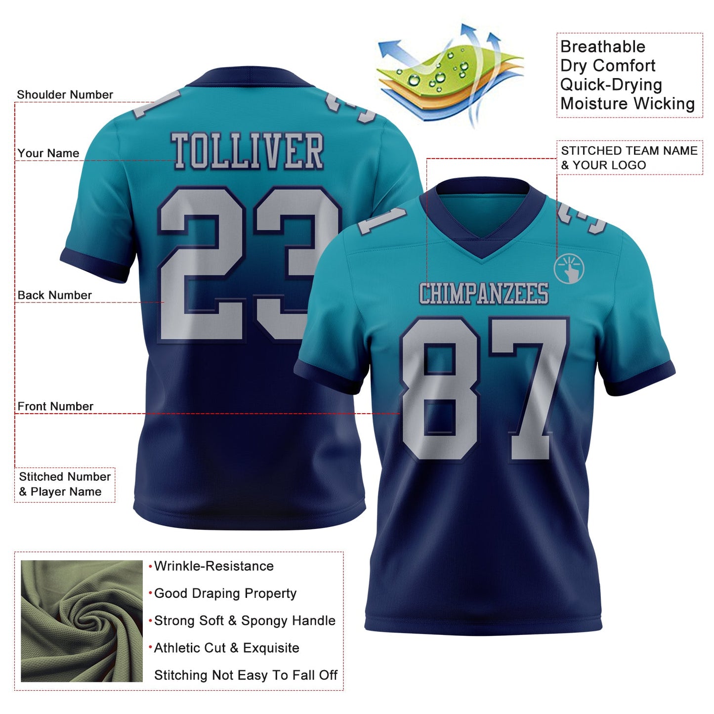 Custom Teal Gray-Navy Mesh Authentic Fade Fashion Football Jersey - Sky-Custom