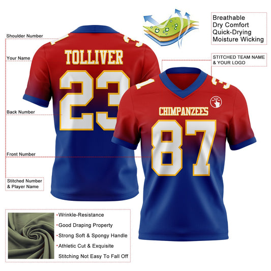 Custom Red White Royal-Gold Mesh Authentic Fade Fashion Football Jersey - Sky-Custom
