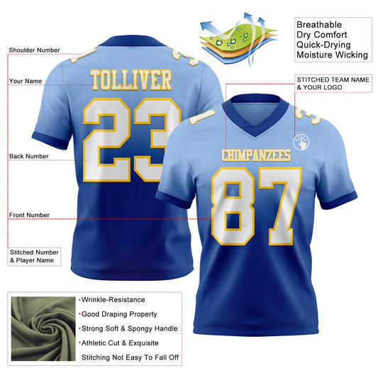 Custom Light Blue White Royal-Yellow Mesh Authentic Fade Fashion Football Jersey - Sky-Custom