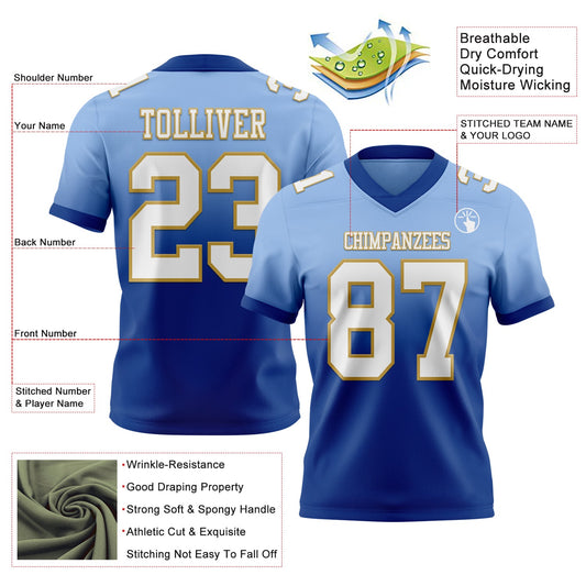 Custom Light Blue White Royal-Old Gold Mesh Authentic Fade Fashion Football Jersey - Sky-Custom