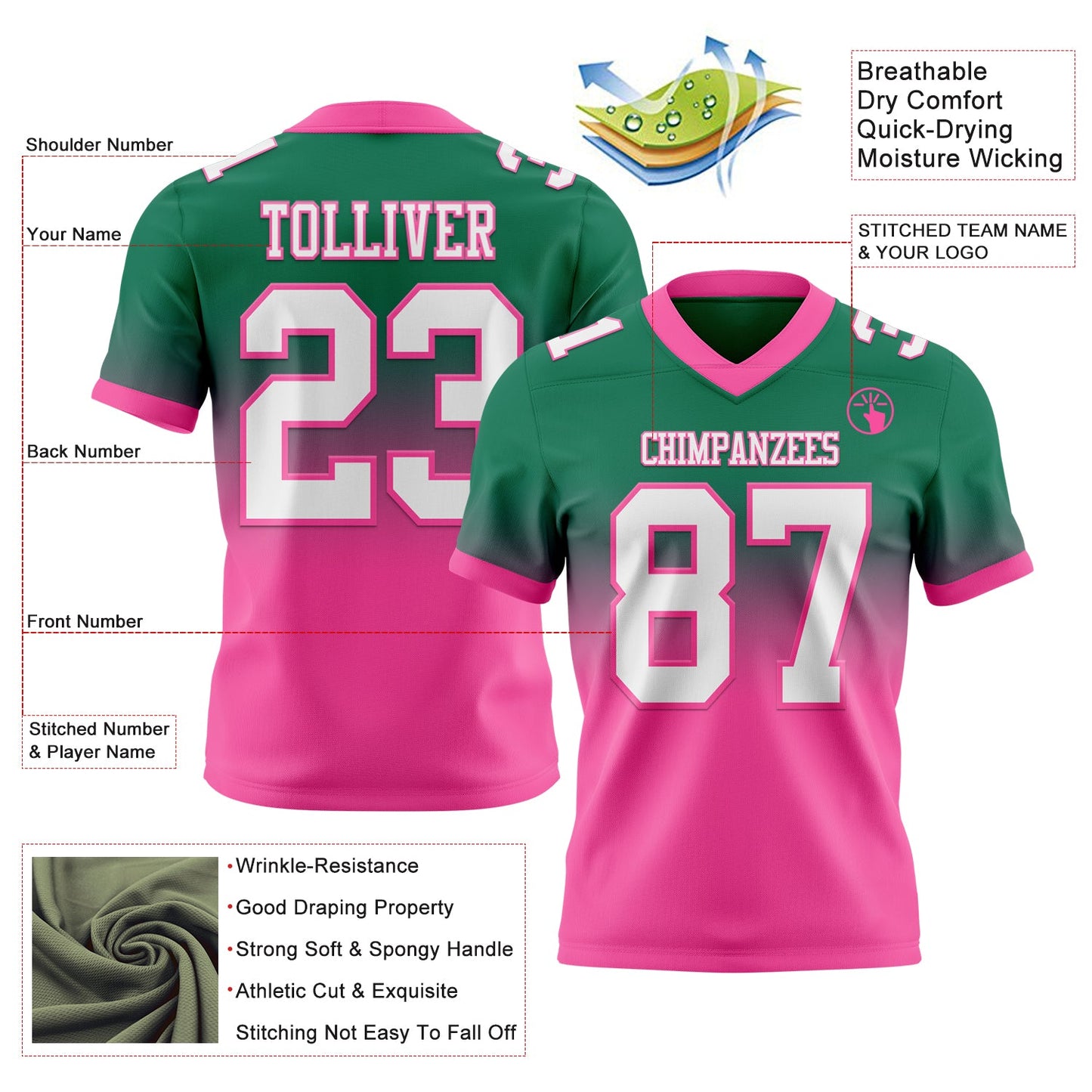 Custom Kelly Green White-Pink Mesh Authentic Fade Fashion Football Jersey - Sky-Custom