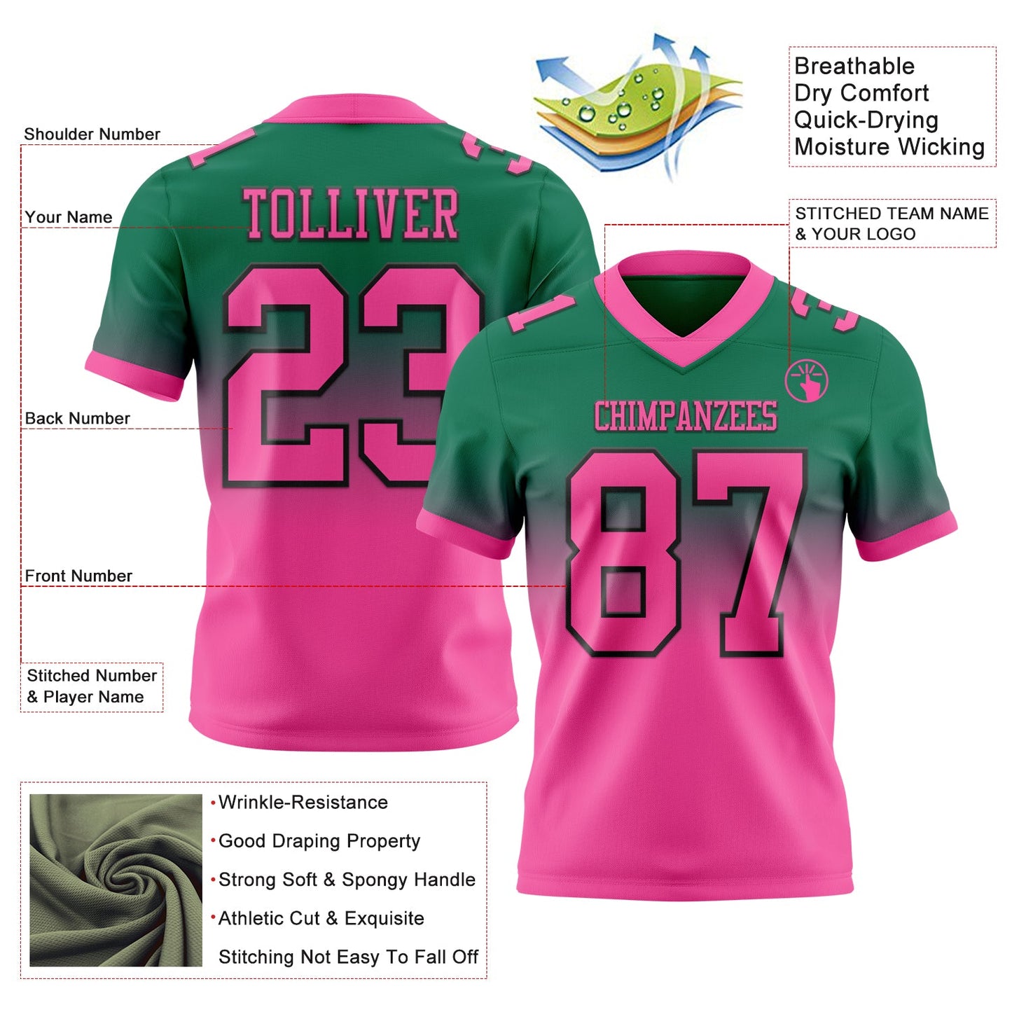 Custom Kelly Green Pink-Black Mesh Authentic Fade Fashion Football Jersey - Sky-Custom