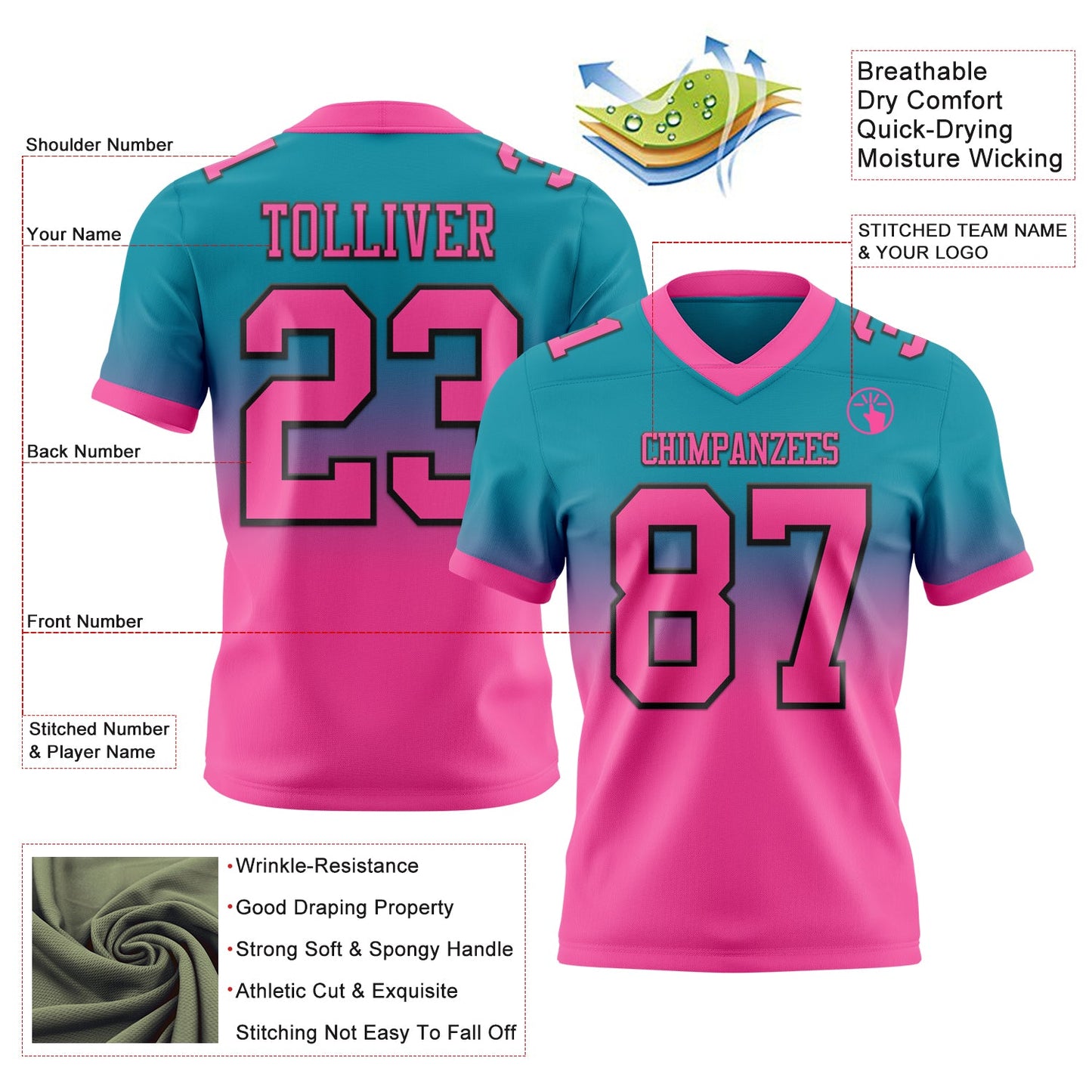 Custom Teal Pink-Black Mesh Authentic Fade Fashion Football Jersey - Sky-Custom