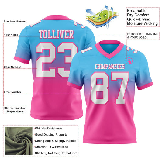 Custom Sky Blue White-Pink Mesh Authentic Fade Fashion Football Jersey - Sky-Custom