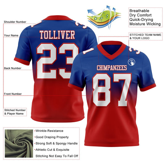 Custom Royal White-Red Mesh Authentic Fade Fashion Football Jersey - Sky-Custom