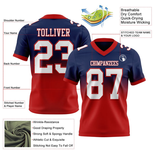 Custom Navy White-Red Mesh Authentic Fade Fashion Football Jersey - Sky-Custom