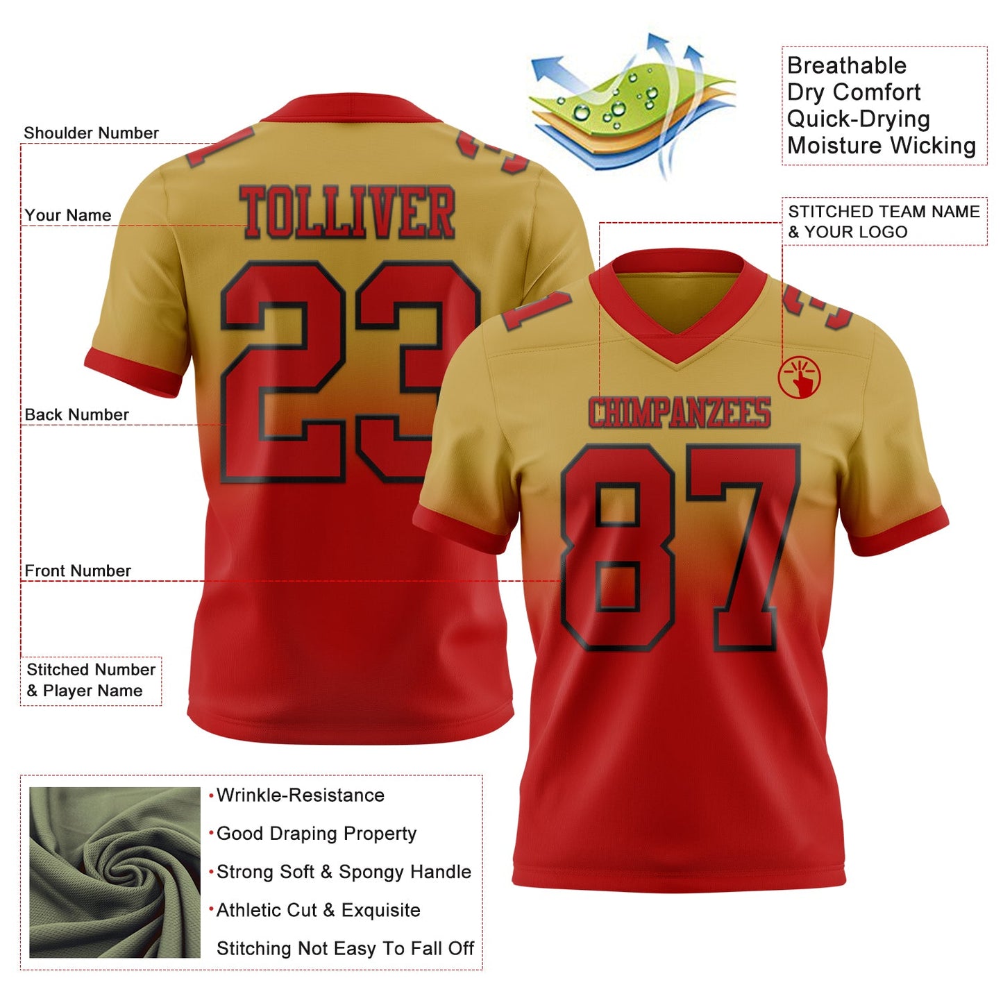 Custom Old Gold White-Black Mesh Authentic Fade Fashion Football Jersey - Sky-Custom