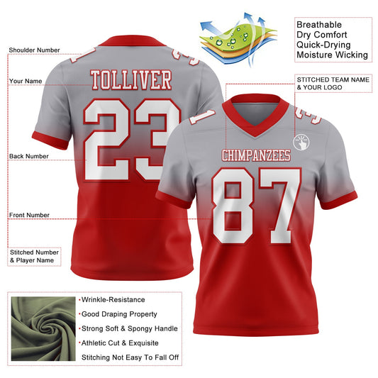 Custom Gray White-Red Mesh Authentic Fade Fashion Football Jersey - Sky-Custom