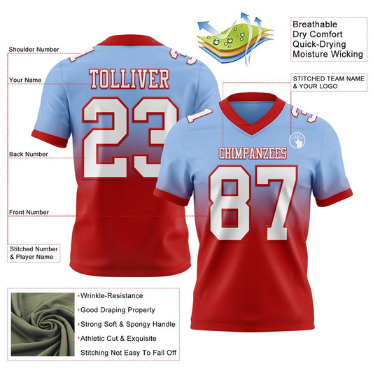 Custom Light Blue White-Red Mesh Authentic Fade Fashion Football Jersey - Sky-Custom